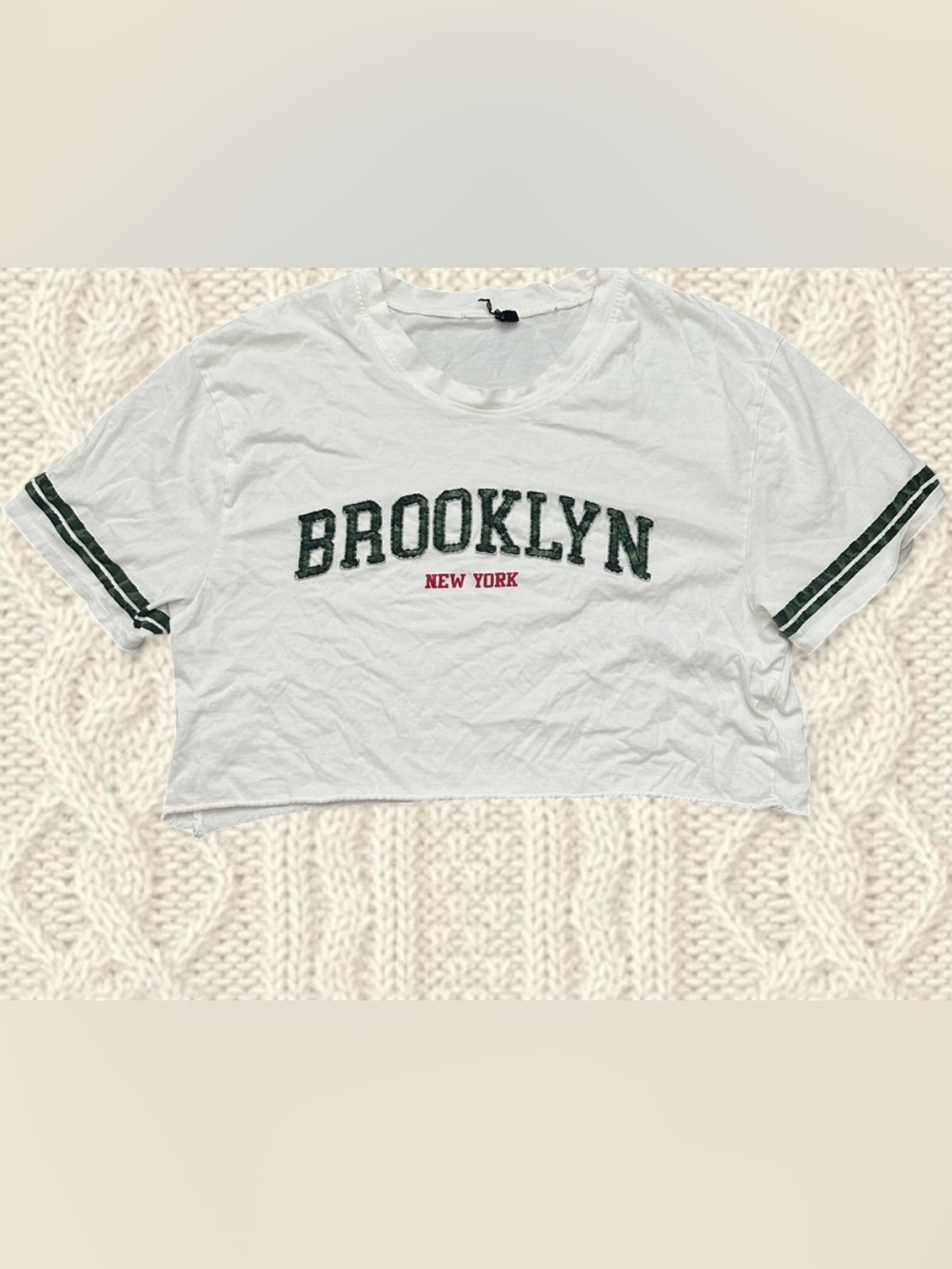 Brooklyn Cropped Tee with Green Stripe Detail - White